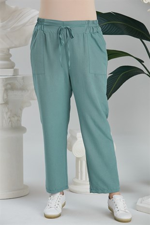 Rmg Beli Lastikli Bağcık Detaylı Büyük Beden Çağla Yeşili Pantolon
